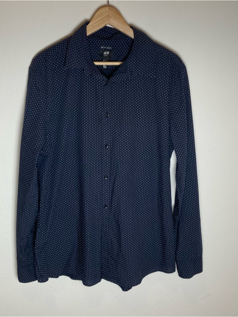 H&M Men's Slim Fit Easy Iron Navy Polka Dot Long Sleeve Button-Up Shirt Size XL